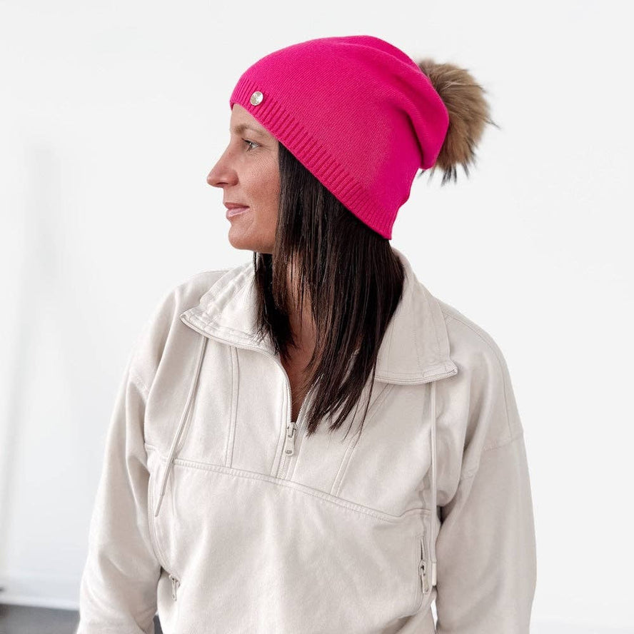 Fine Knit Fur Pom Slouchy Beanie: Cream