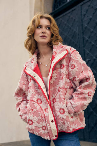 Floral Sherpa Jacket: Red