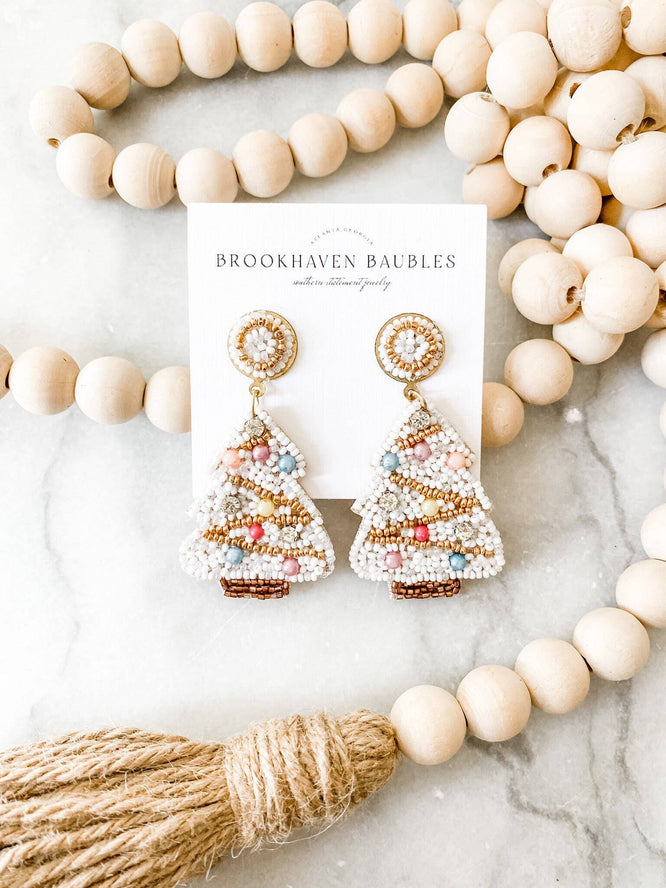 White Christmas Tree Beaded Earrings
