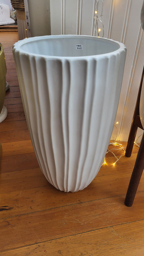 Tall Ribbed Ceramic White Vase