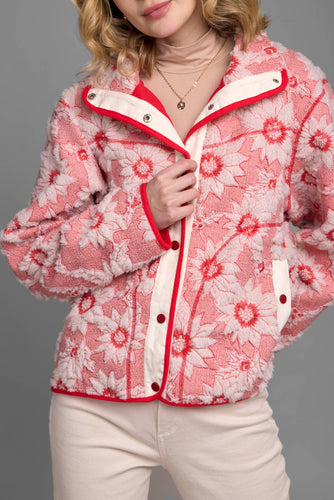 Floral Sherpa Jacket: Red