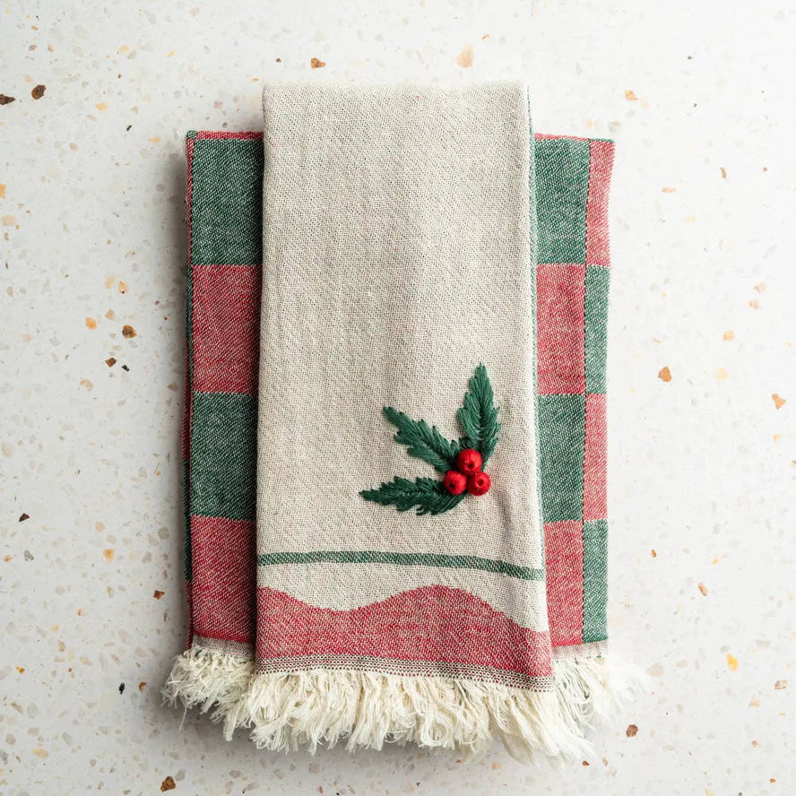 Holly Hand-Stitched Tea Towel Set