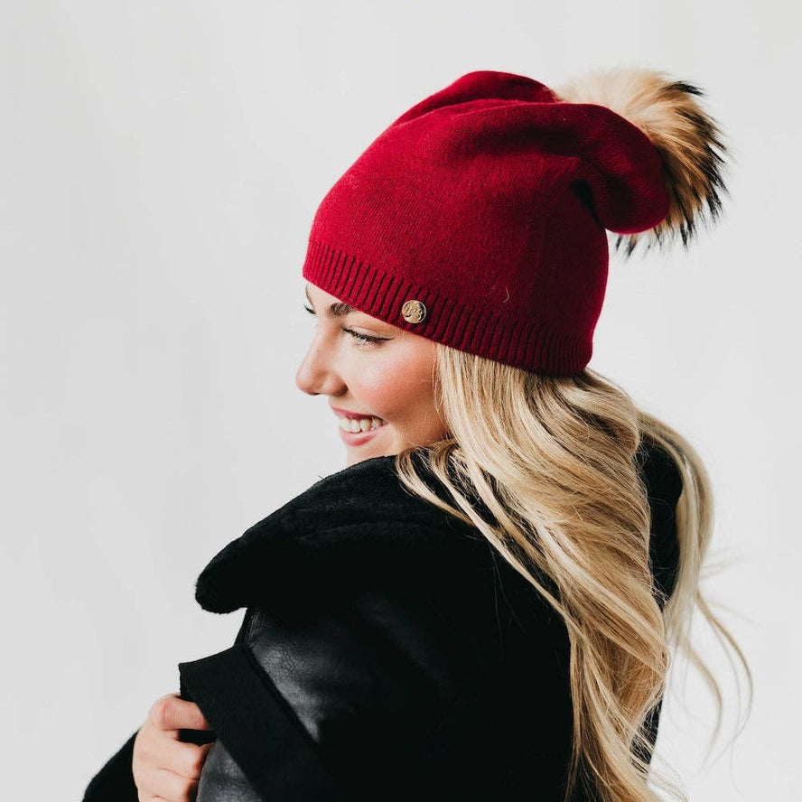 Fine Knit Fur Pom Slouchy Beanie: Red