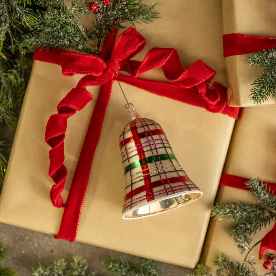Plaid Glass Bell Ornament