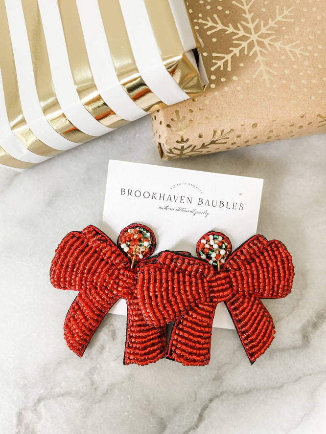 Red Christmas Bow Beaded Earrings