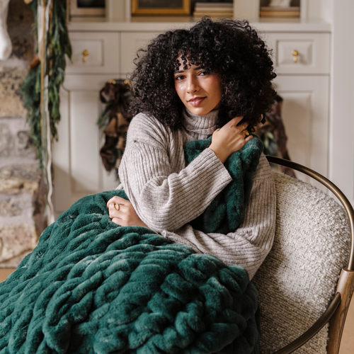 HOLIDAY DOUBLE RUCHED FAUX FUR THROW BLANKETS: Forest