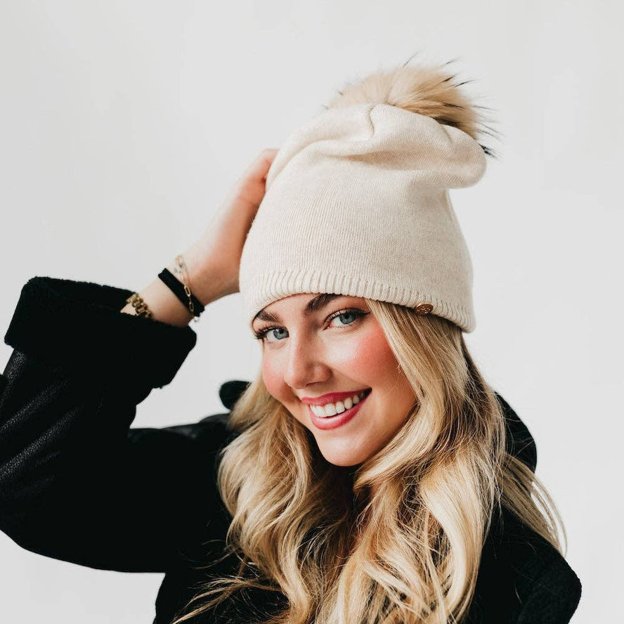 Fine Knit Fur Pom Slouchy Beanie: Cream