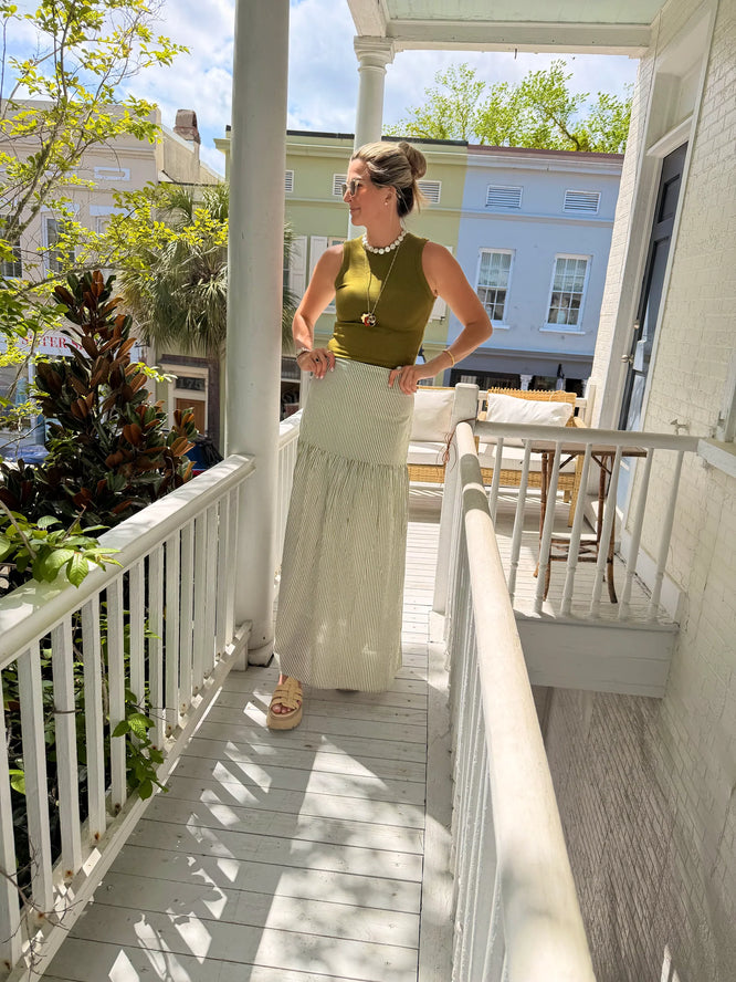Green Pinstripe Beatrice Maxi Skirt