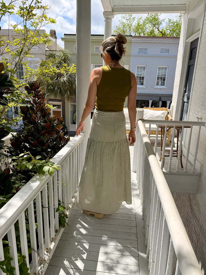 Green Pinstripe Beatrice Maxi Skirt