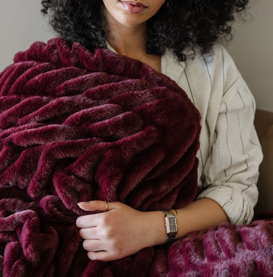 Double Ruched Faux Fur Throw Blanket: Royale