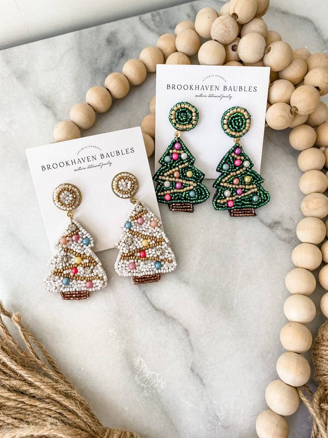 Green Christmas Tree Beaded Earrings