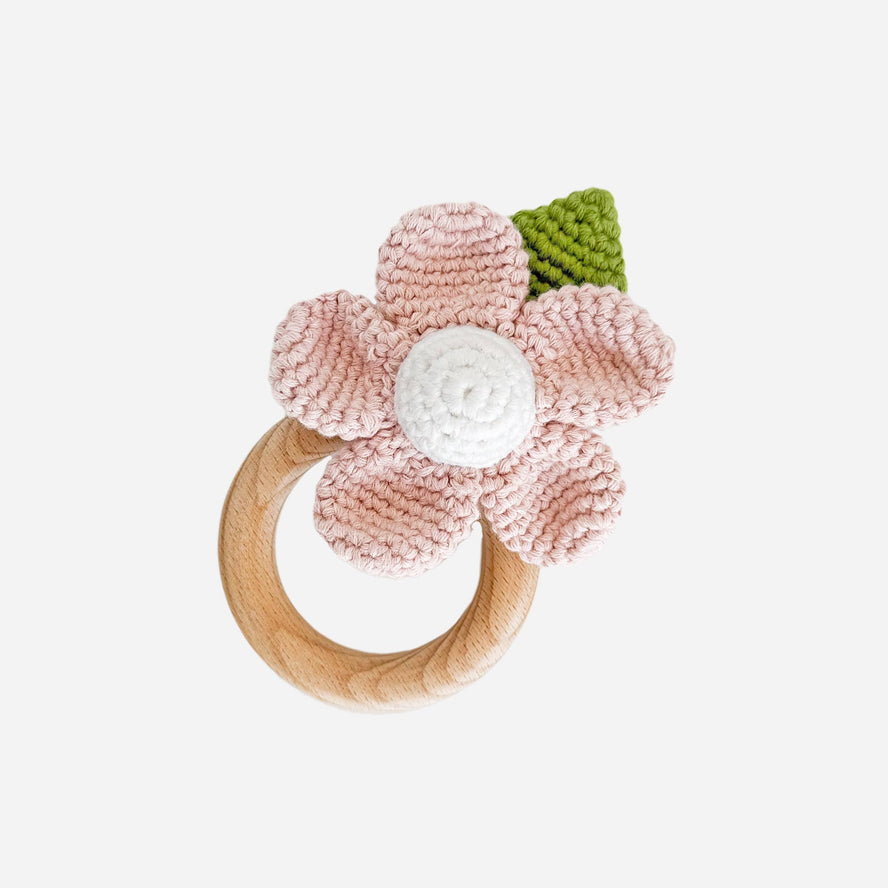 Teether Flower Pink Cotton Crochet Rattle