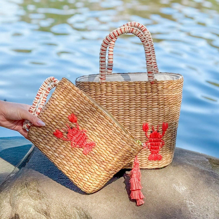Mini Woven Tote Bag with Embroidered Lobster