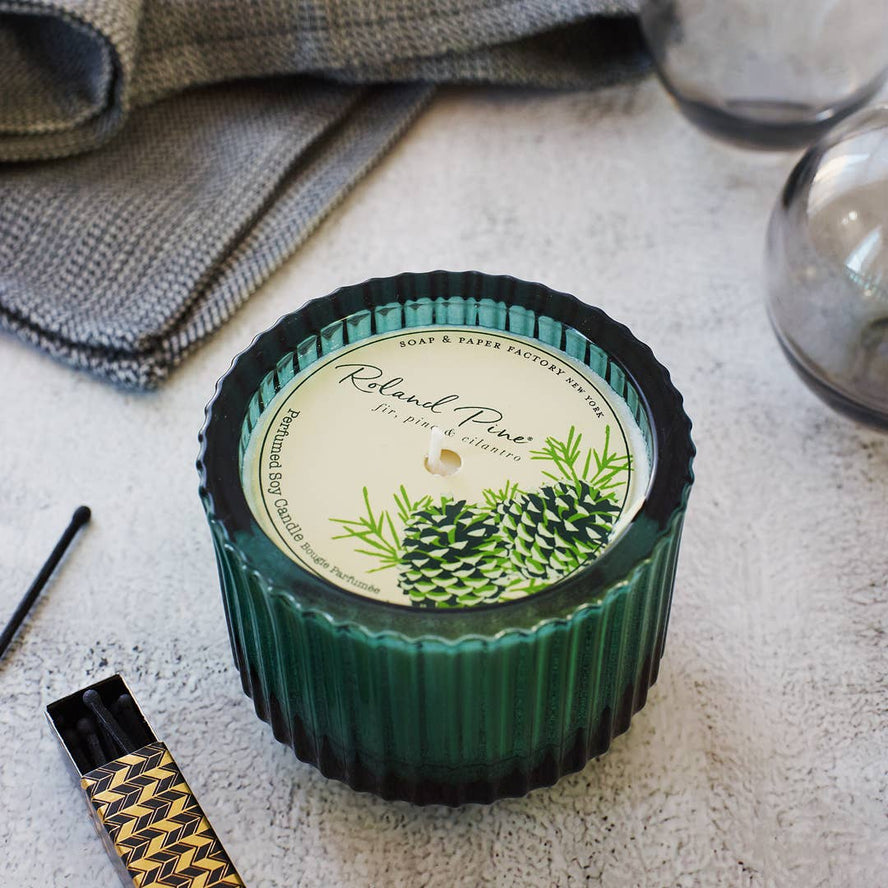 Roland Pine Ribbed Candle - Green Glass