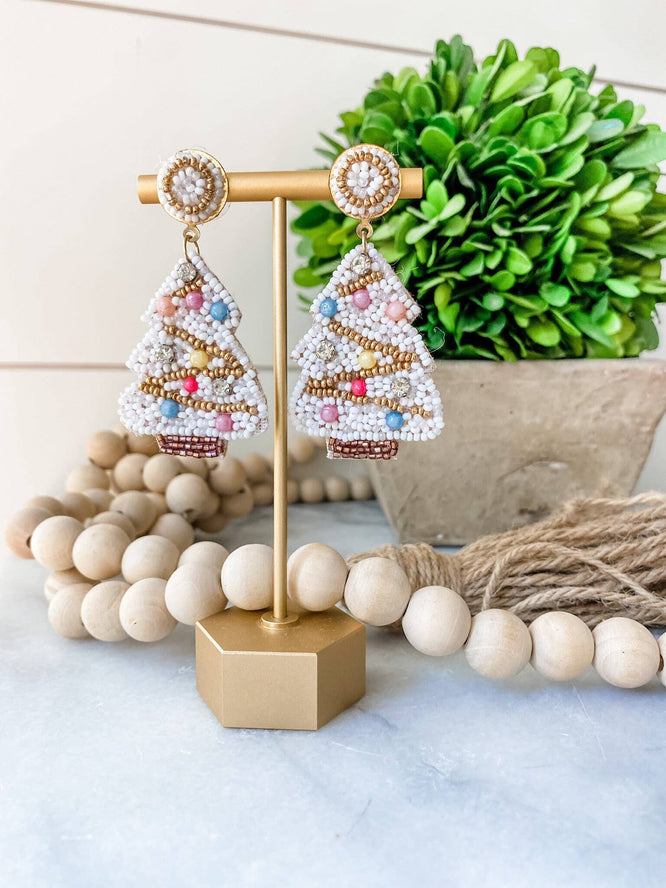 White Christmas Tree Beaded Earrings